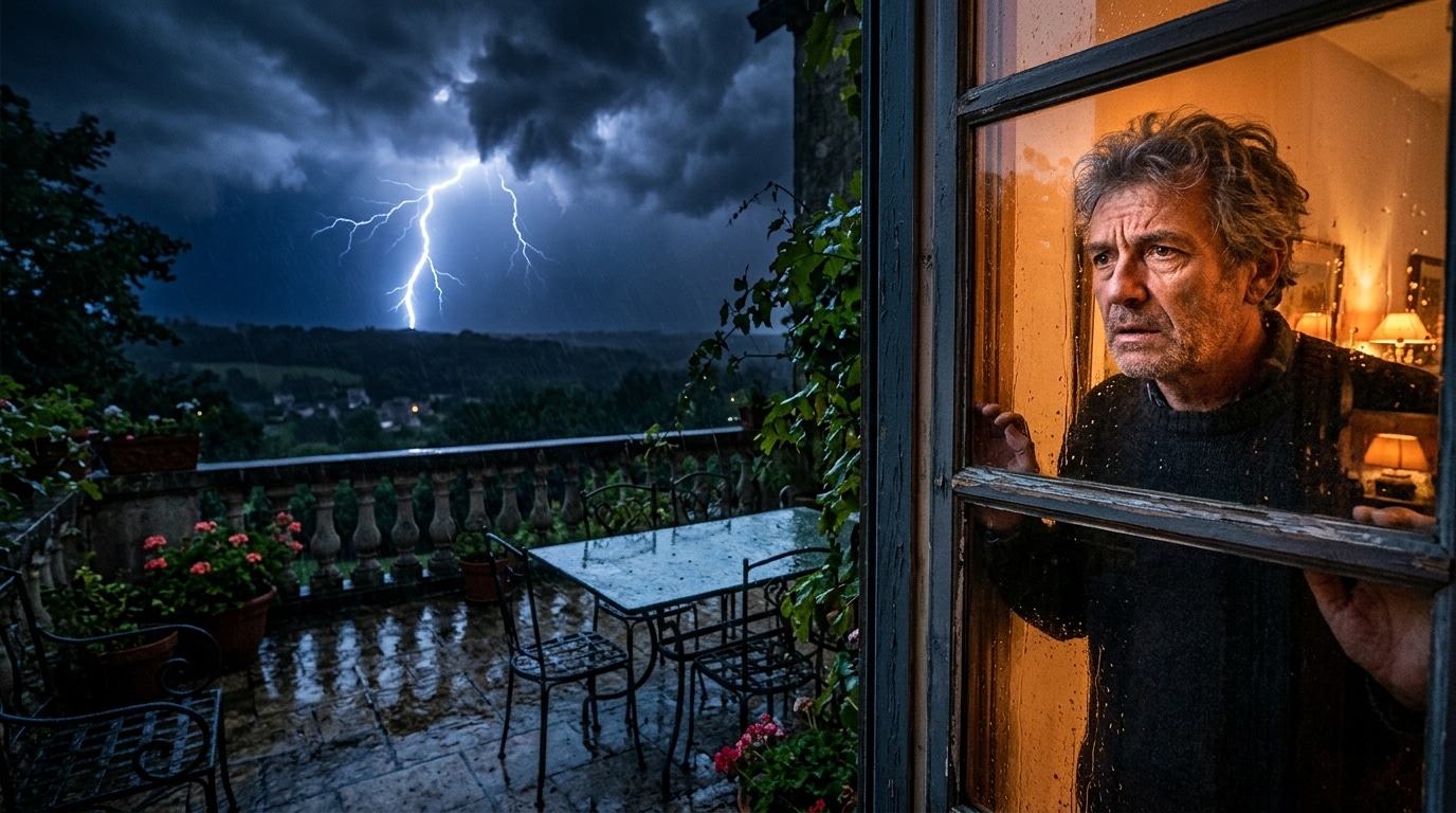Orage nocturne au-dessus d'une terrasse avec table en verre