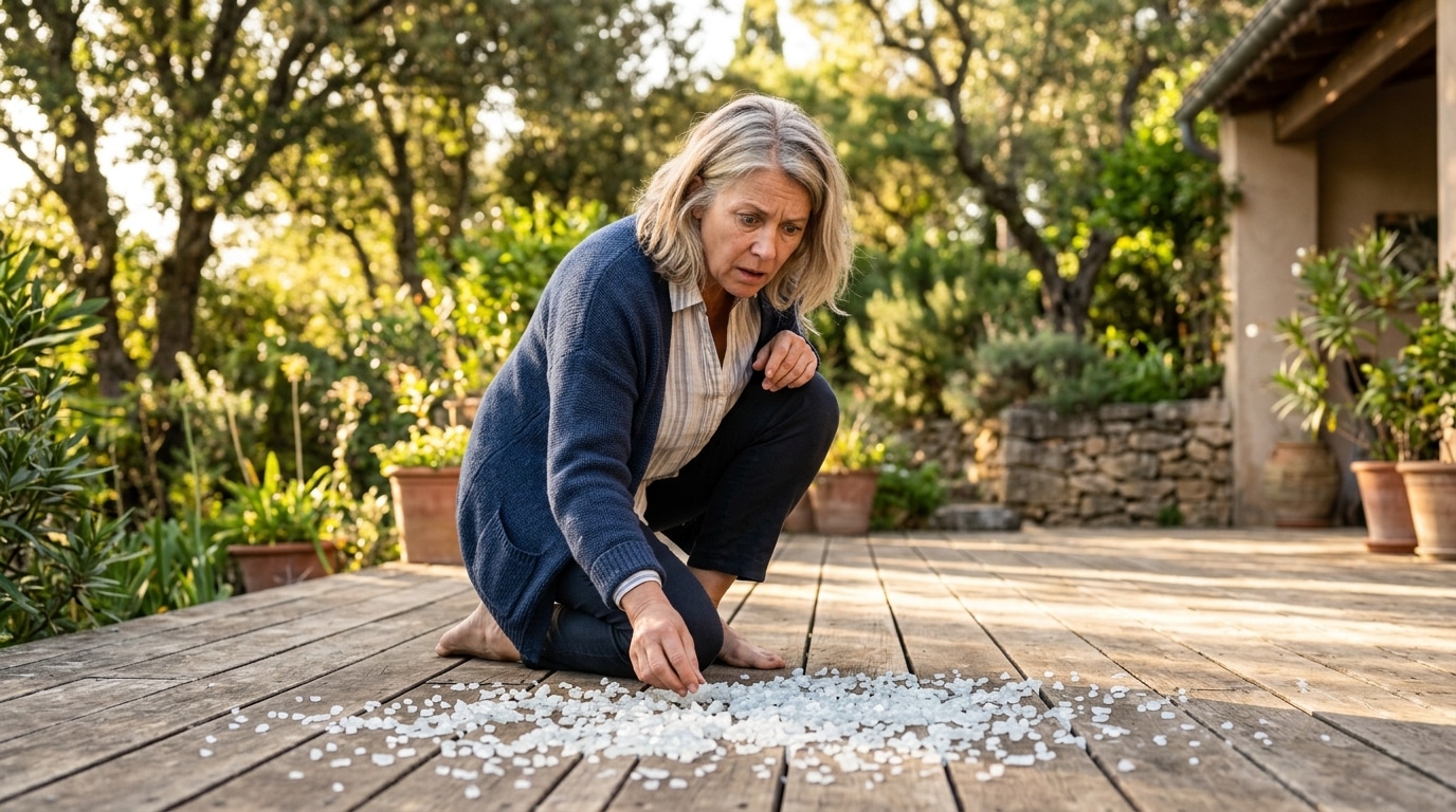 Granulés de verre trempé éclaté sur une terrasse le matin