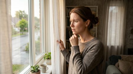 Femme regardant par la fenêtre avec agacement contenu
