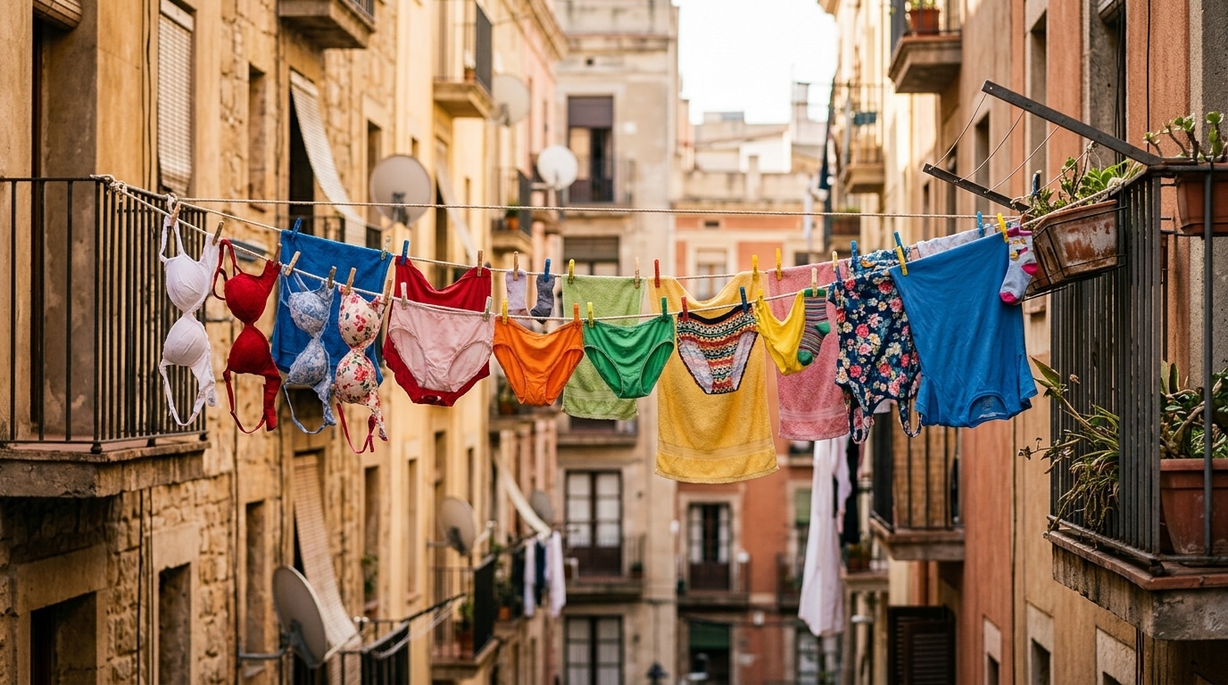 Linge coloré séchant sur un fil entre deux balcons