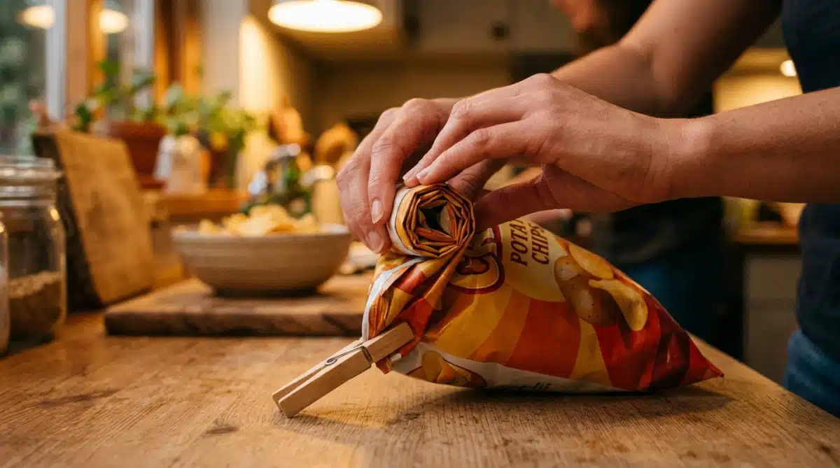 Sac de chips roulé et fermé avec une pince à linge