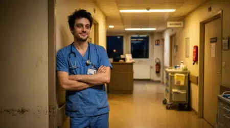 Sage-femme homme dans un couloir d'hôpital de nuit