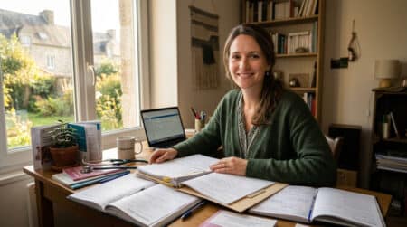 Sage-femme libérale souriante à son bureau à domicile