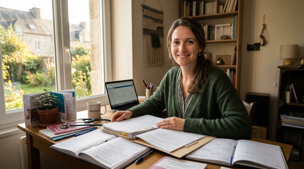 Sage-femme libérale souriante à son bureau à domicile