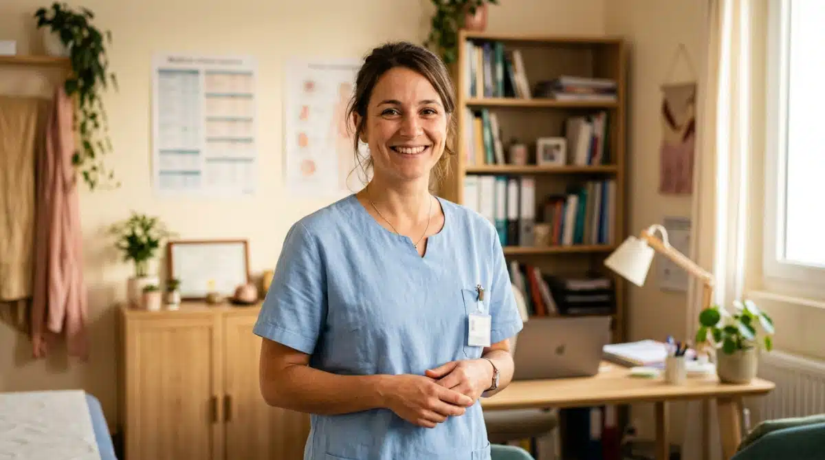 Sage-femme libérale souriante dans son cabinet médical