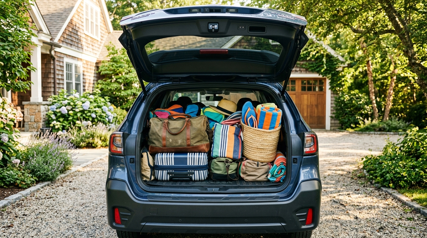 Coffre de voiture rempli de bagages pour départ vacances