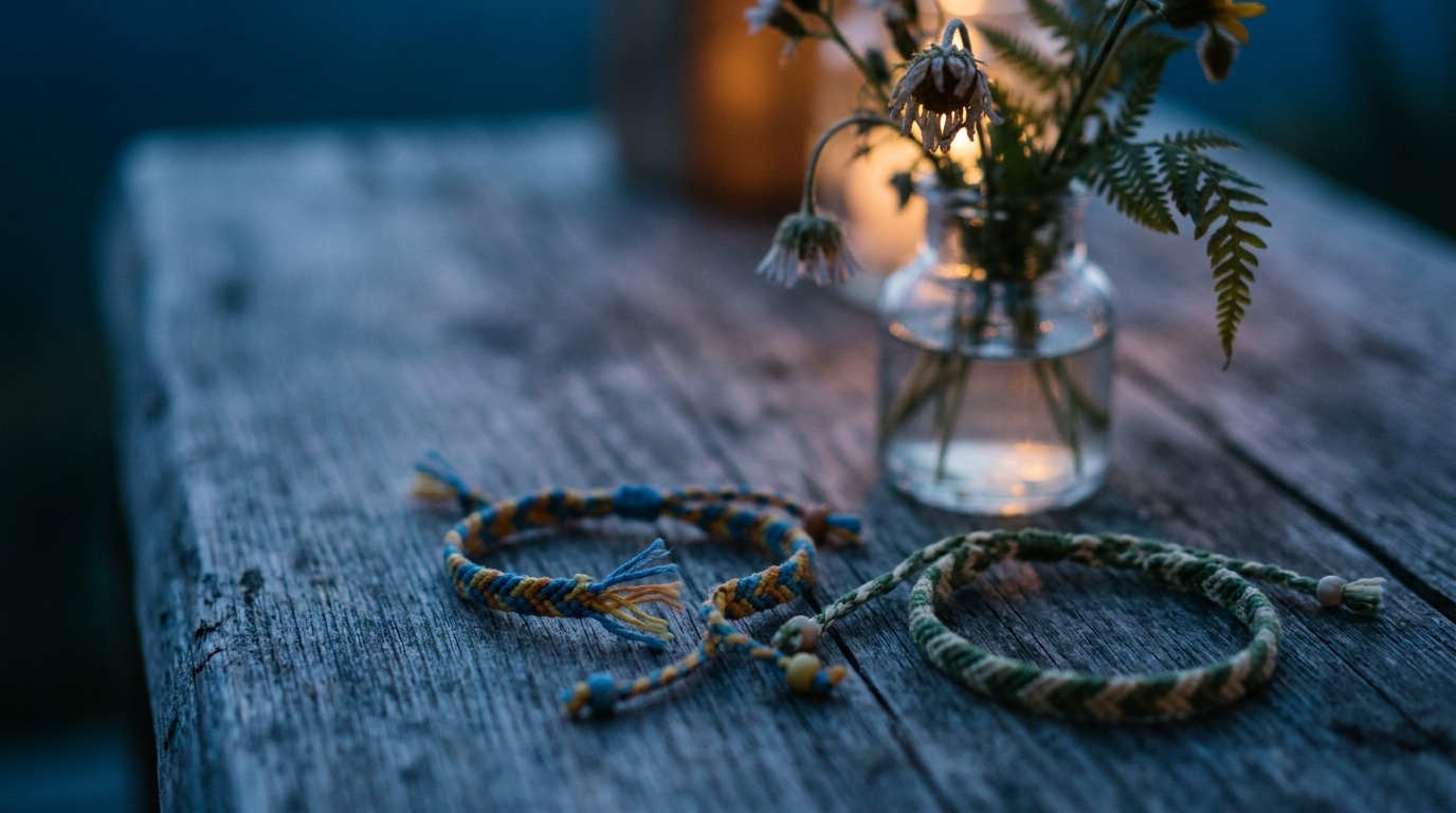 Bracelet d'amitié cassé sur une table en bois