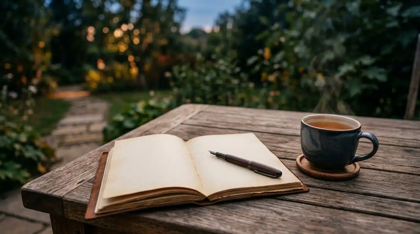 Carnet ouvert et tasse sur une table extérieure