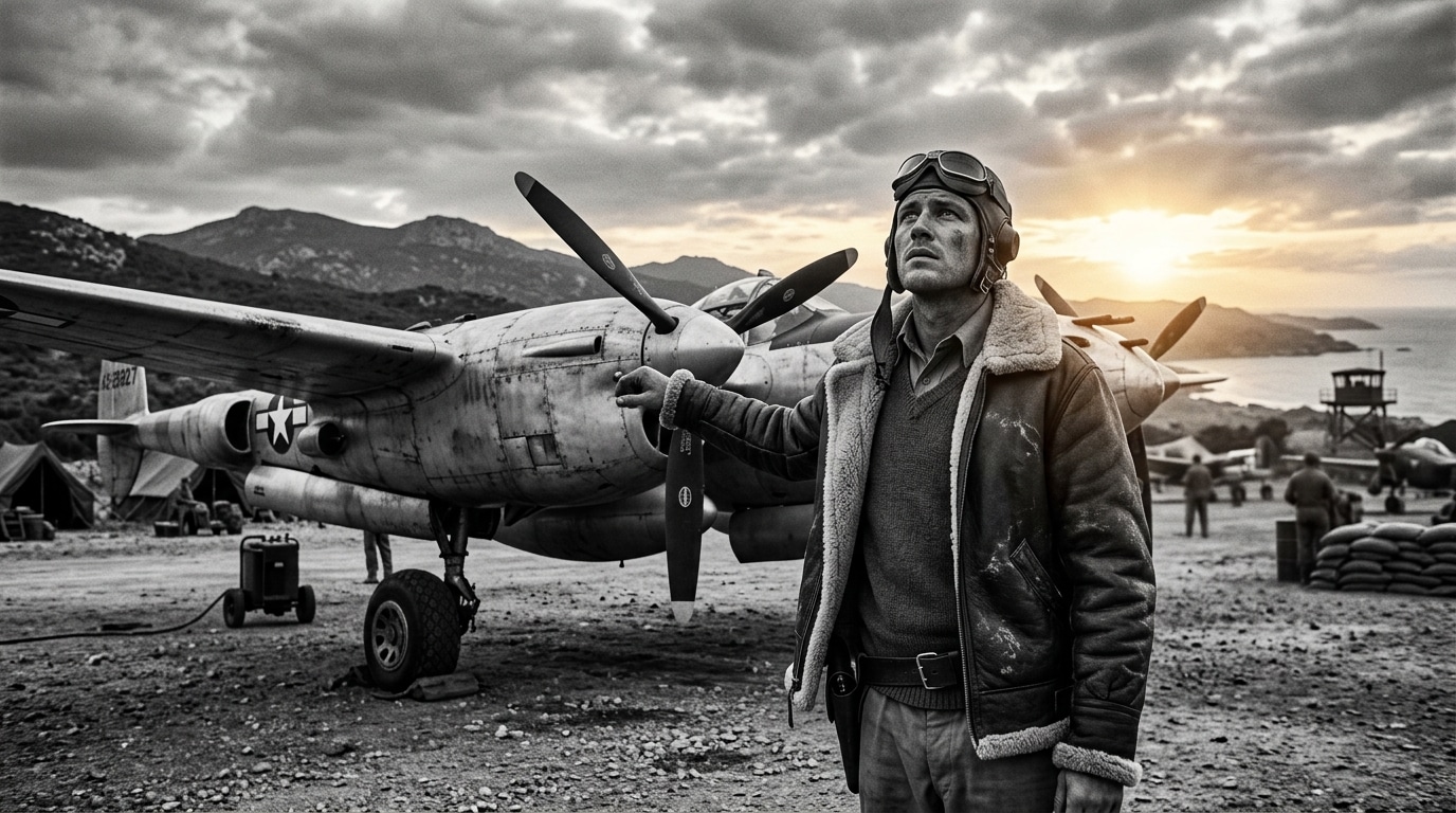 Pilote et avion P-38 sur un aérodrome corse à l'aube