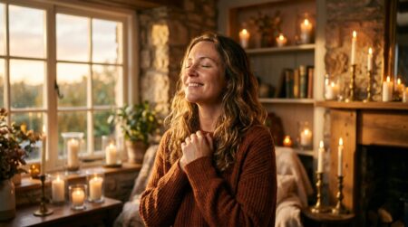 Femme souriante et apaisée sous une lumière dorée