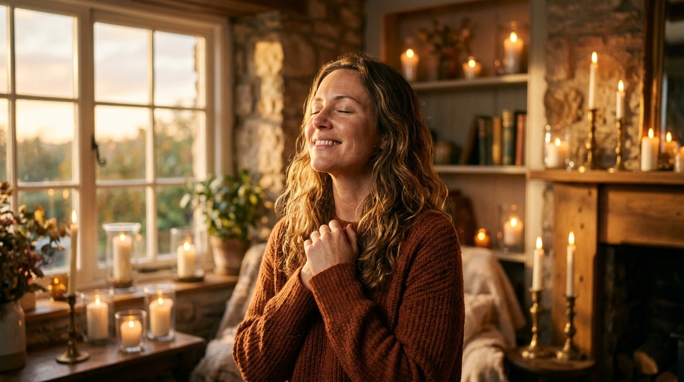 Femme souriante et apaisée sous une lumière dorée