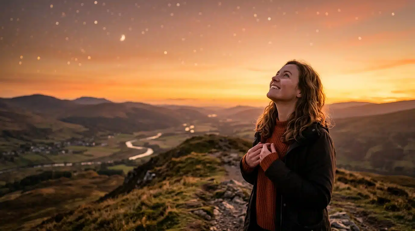 Personne regardant un ciel doré étoilé au coucher du soleil
