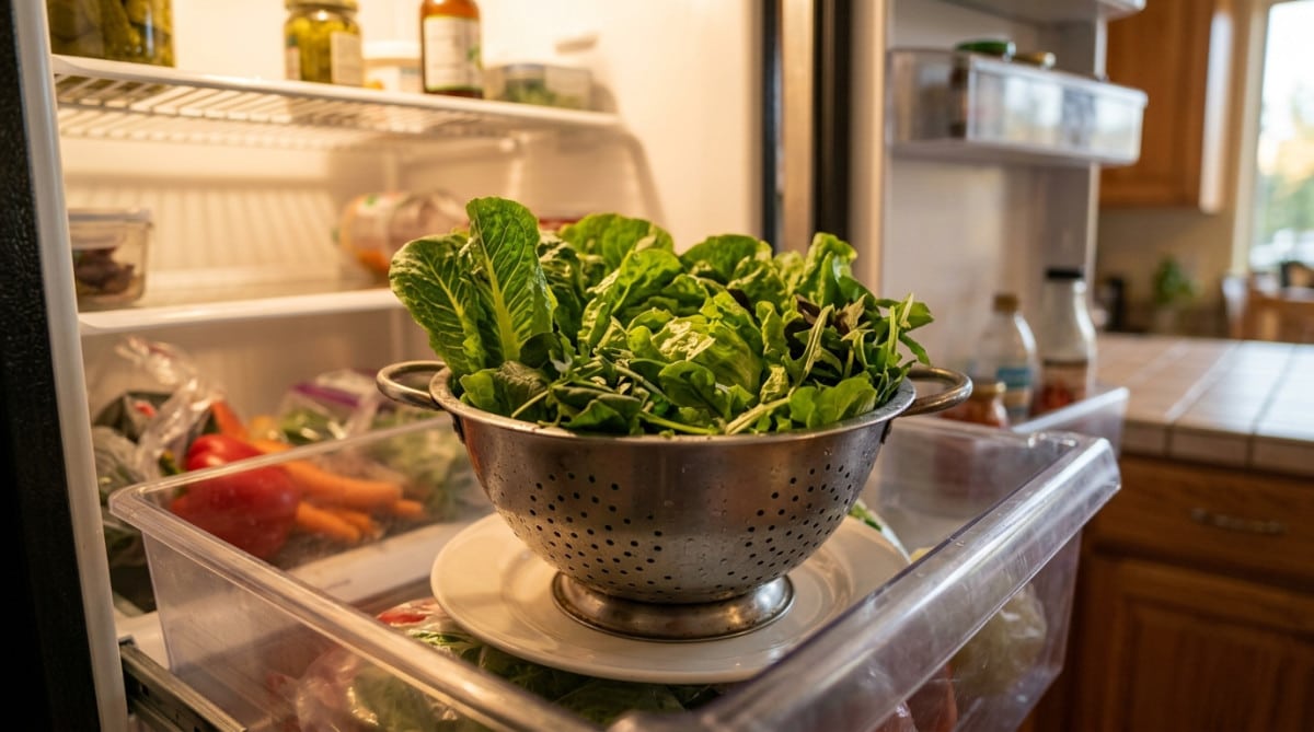 Salade dans une passoire au réfrigérateur