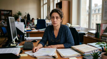 Fonctionnaire au bureau avec expression lasse et résignée