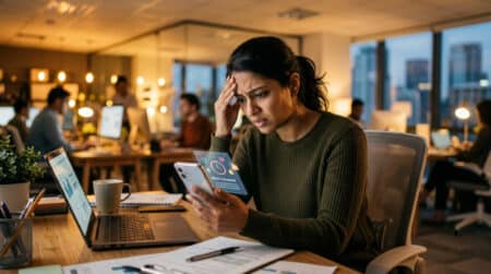 Salarié inquiet regardant une application professionnelle sur son téléphone