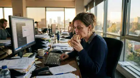 Salarié mangeant un sandwich devant son écran d'ordinateur