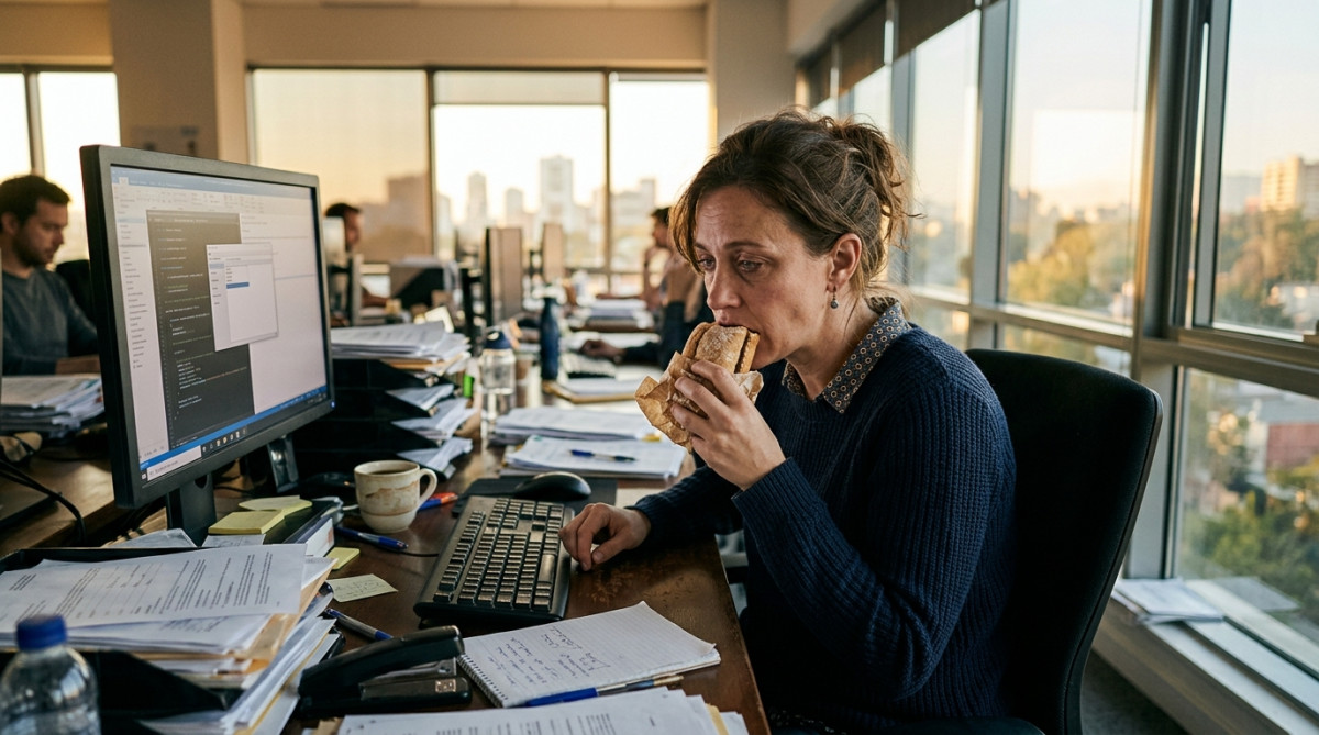 Salarié mangeant un sandwich devant son écran d'ordinateur
