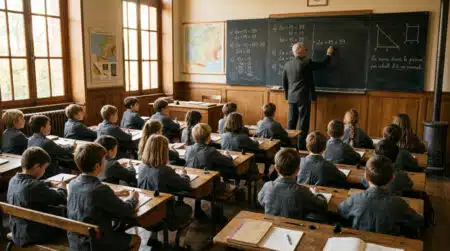 Salle de classe française des années 1960 avec encriers