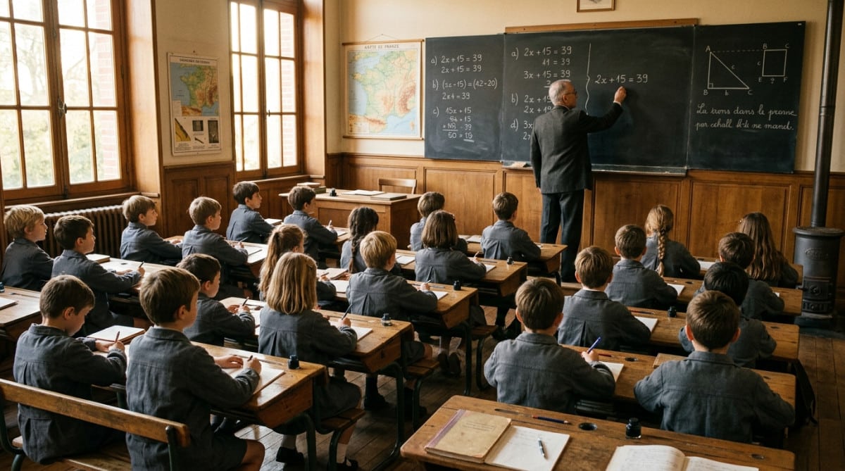 Salle de classe française des années 1960 avec encriers
