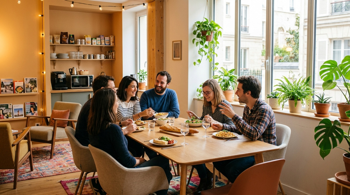 Salle de pause dédiée avec employés déjeunant ensemble