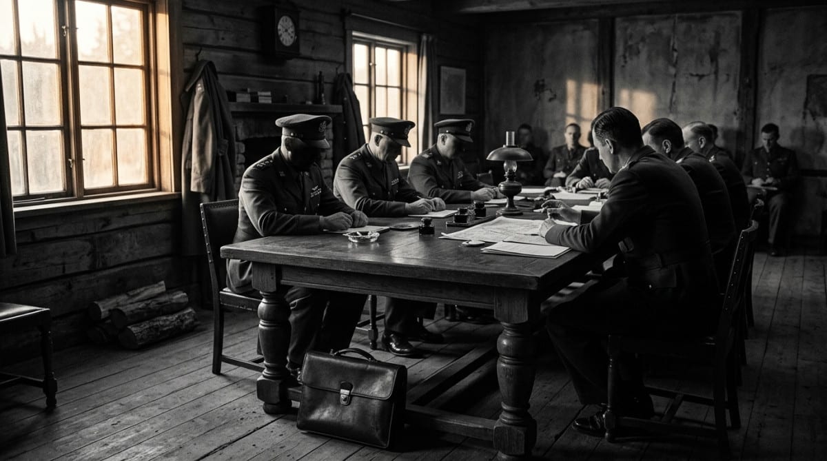 Salle de réunion militaire avec table en bois et mallette dissimulée