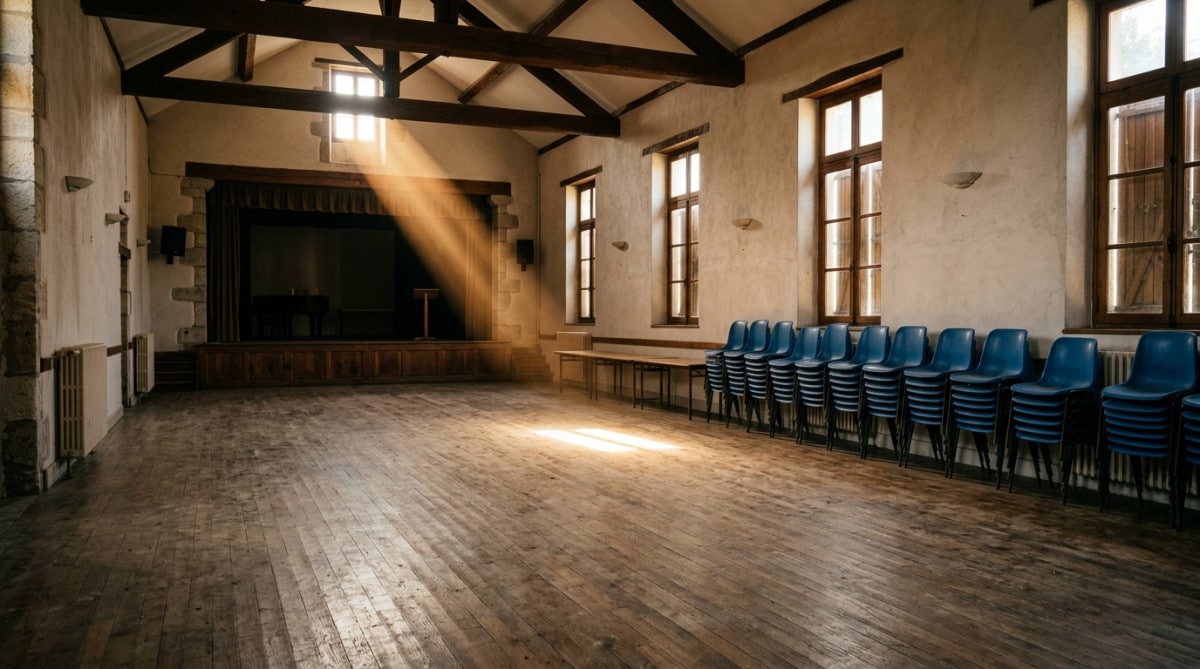 Salle des fêtes de village vide et abandonnée aujourd'hui