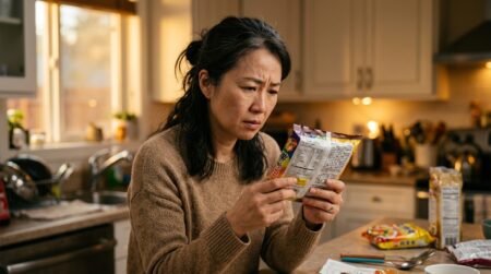 Mère inquiète lisant l'étiquette d'un paquet de nouilles