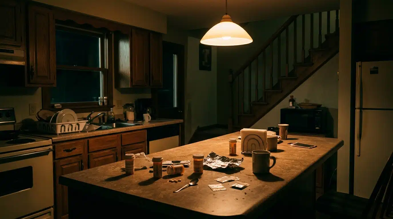 Cuisine sombre la nuit symbolisant l'addiction cachée