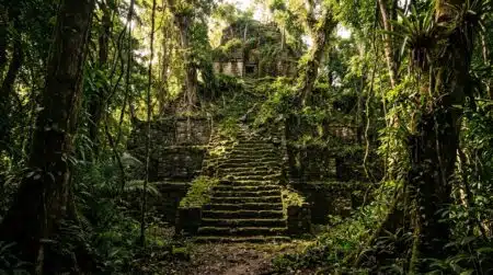 Temple pyramidal maya envahi par la végétation dense
