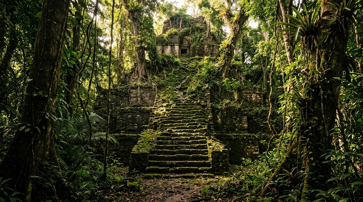 Temple pyramidal maya envahi par la végétation dense