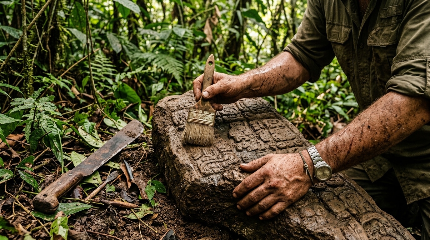 Mains d'archéologue nettoyant une stèle maya gravée