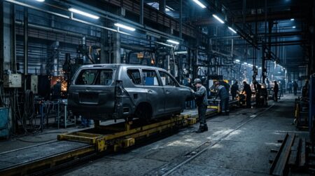 Chaîne de montage automobile industrielle faiblement éclairée