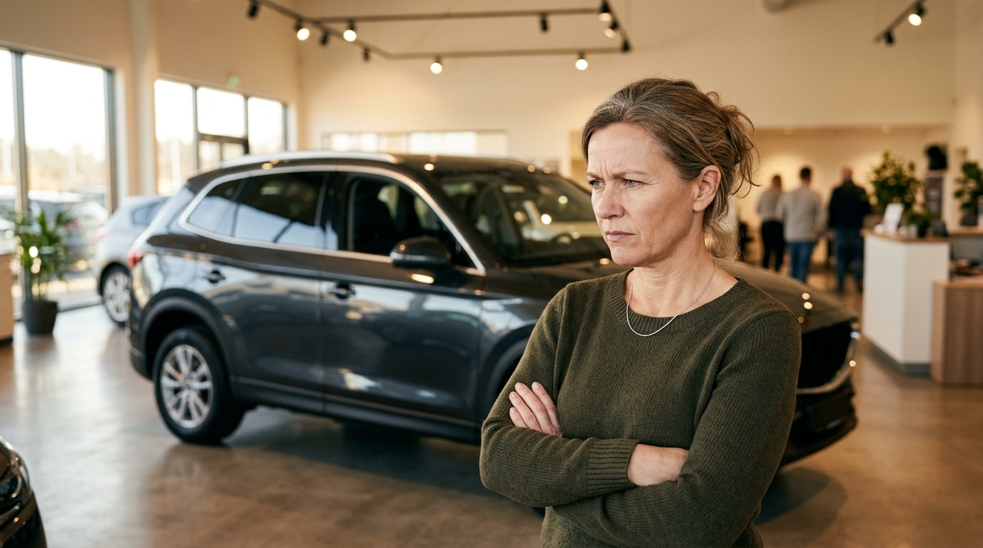 Homme sceptique face à un SUV dans un showroom
