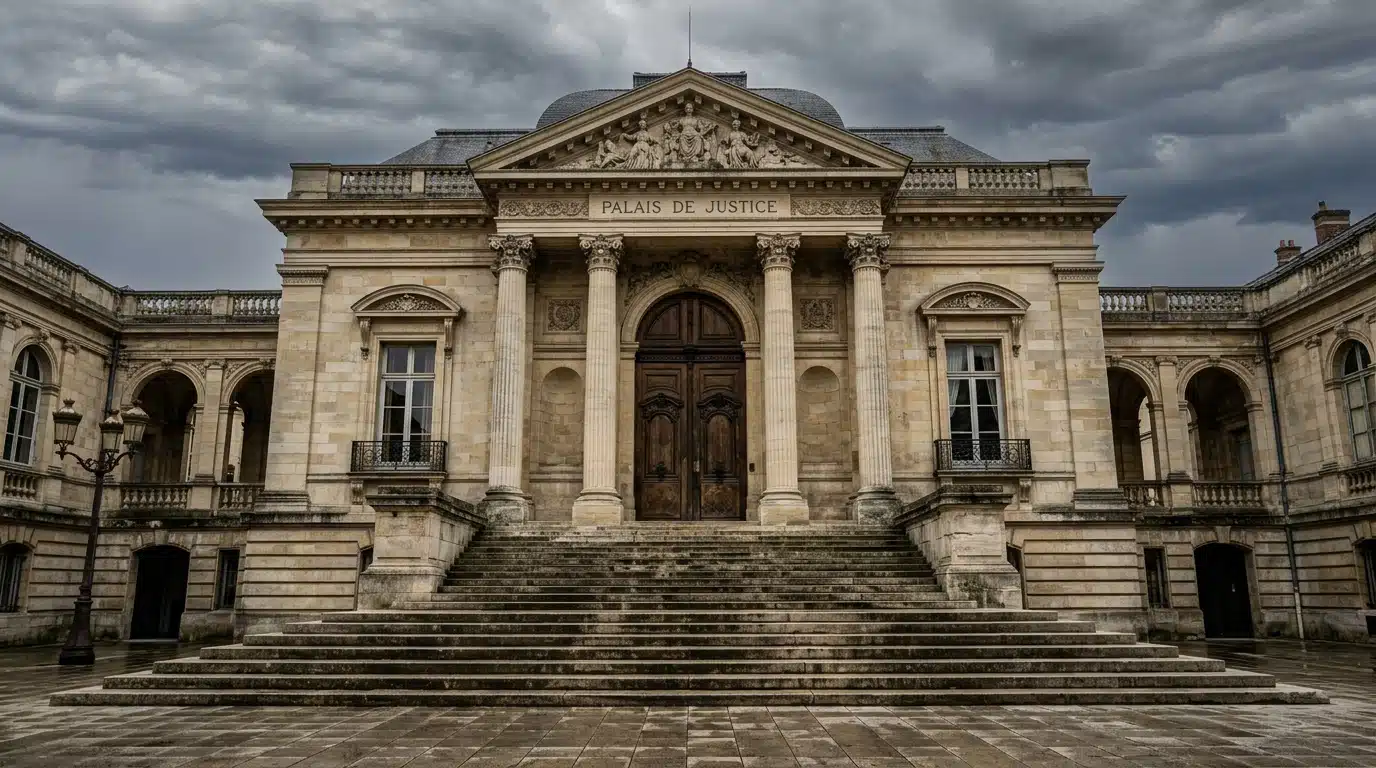Façade imposante d'un palais de justice français sous un ciel nuageux