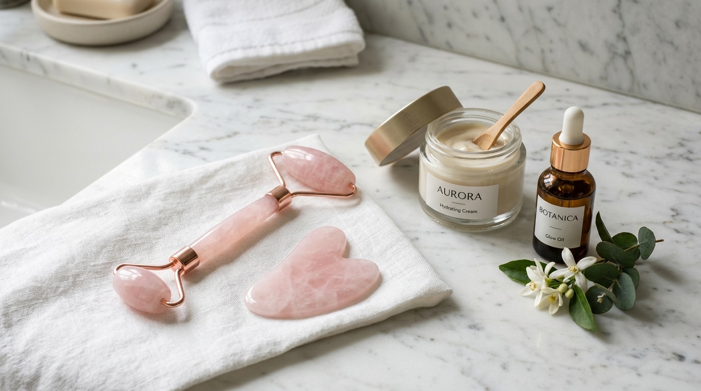 Outils de massage facial gua sha et roller quartz rose pour routine beauté naturelle