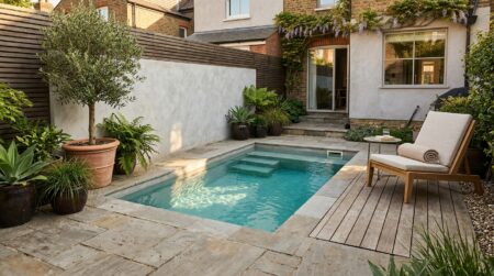 Petite piscine plunge pool installée dans un jardin compact