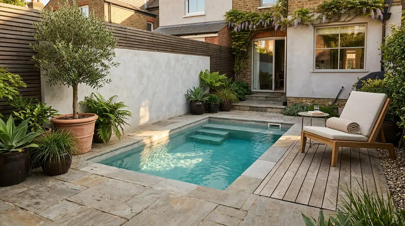 Petite piscine plunge pool installée dans un jardin compact