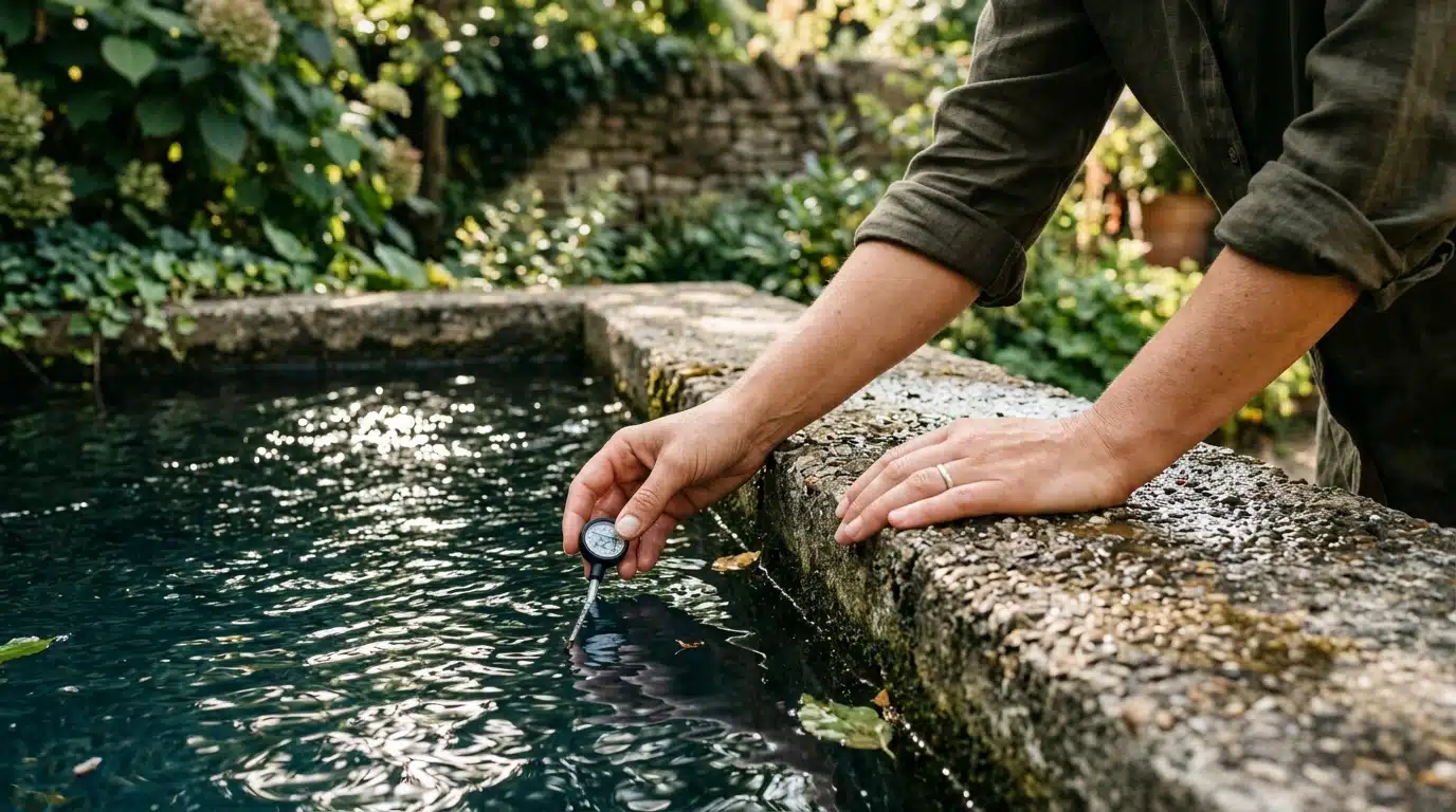 Main plongée dans l'eau d'une mini-piscine enterrée