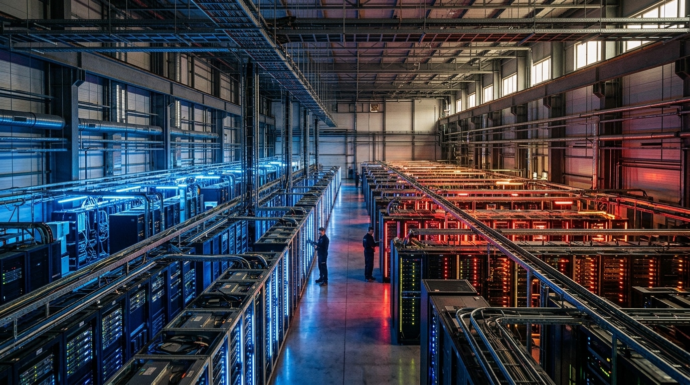 Data center high-tech avec serveurs illuminés bleu et rouge