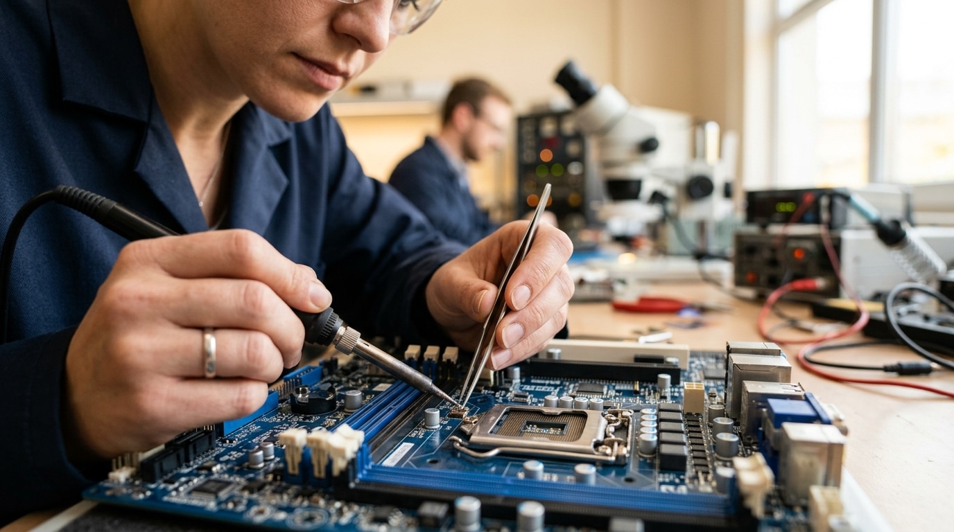 Mains d'ingénieur assemblant une puce électronique