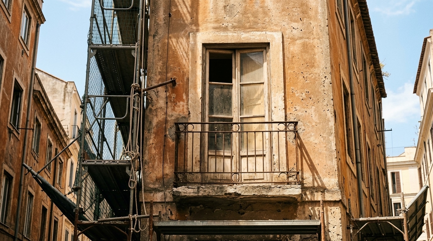Façade d'immeuble en travaux avec échafaudage et fenêtres