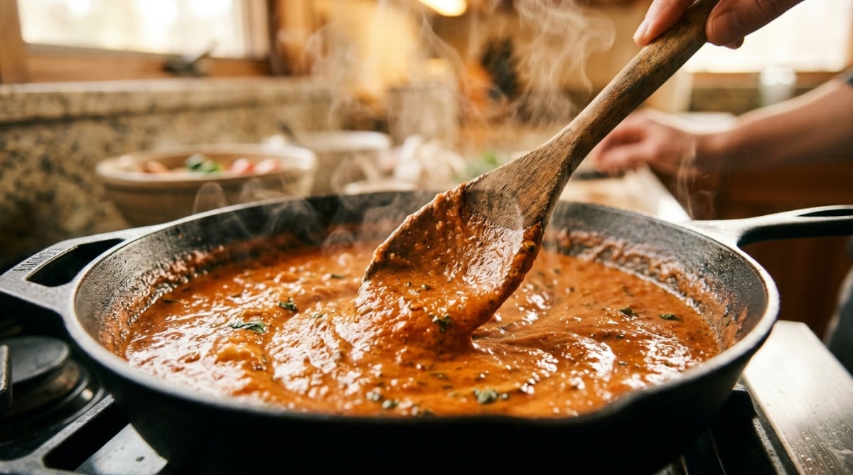 Sauce pâtes onctueuse mélangée à la cuillère en bois