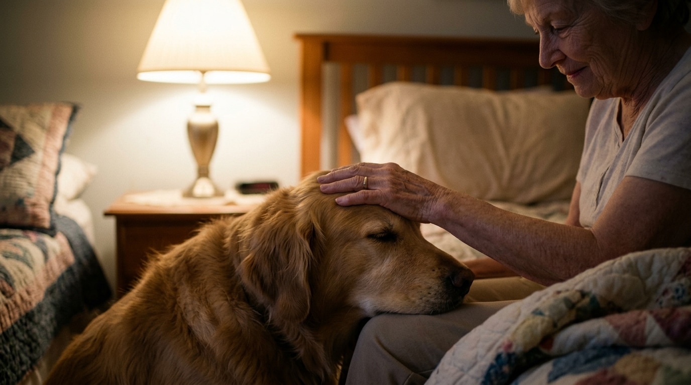 Main âgée posée sur la tête d'un chien au lit