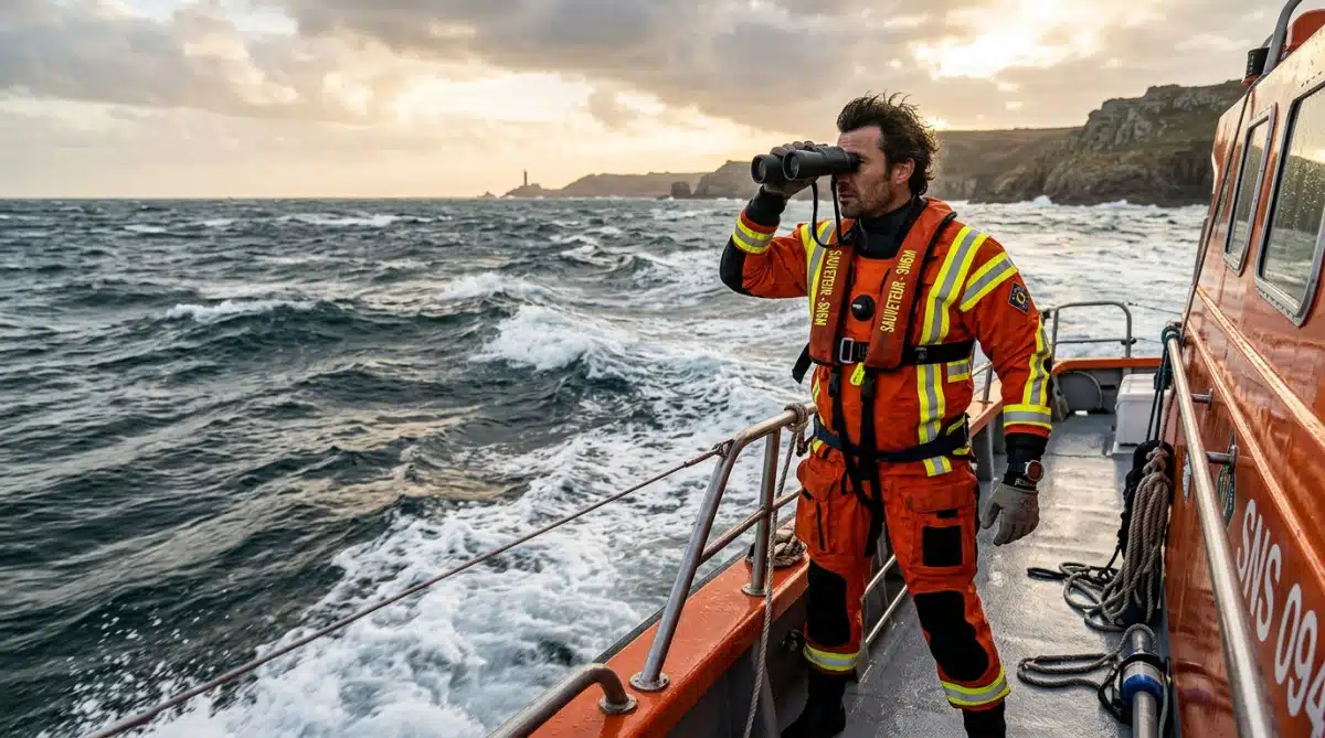 Sauveteur en mer scrutant l'horizon en tenue orange