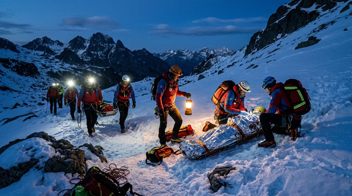 Sauveteurs en montagne portant secours dans le froid