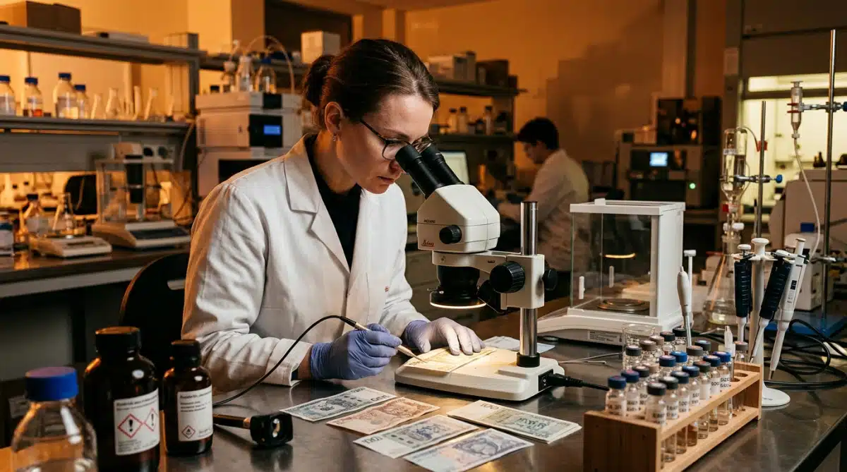 Scientifique analysant des billets en laboratoire