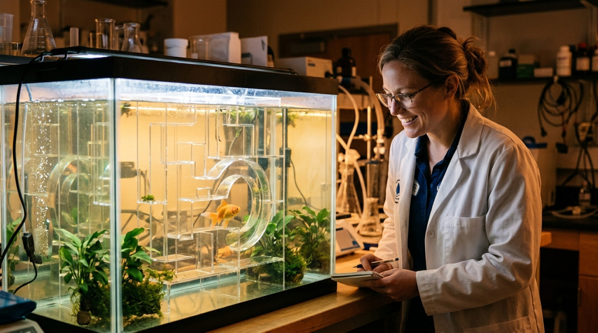Scientifique étudiant la mémoire d'un poisson rouge dans un labyrinthe