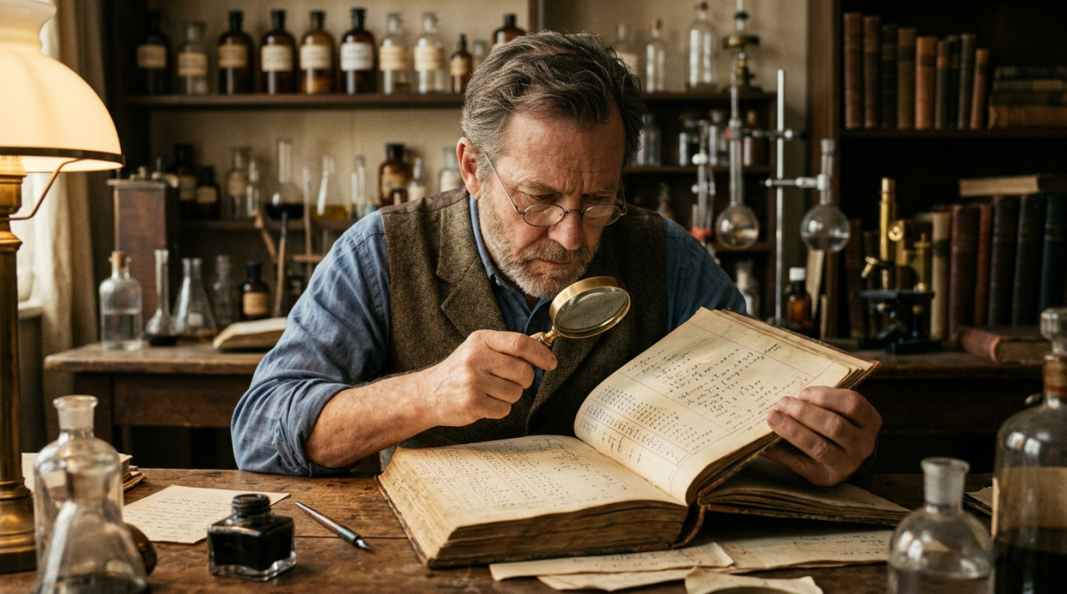 Scientifique examinant un ancien registre de mesures en laboratoire
