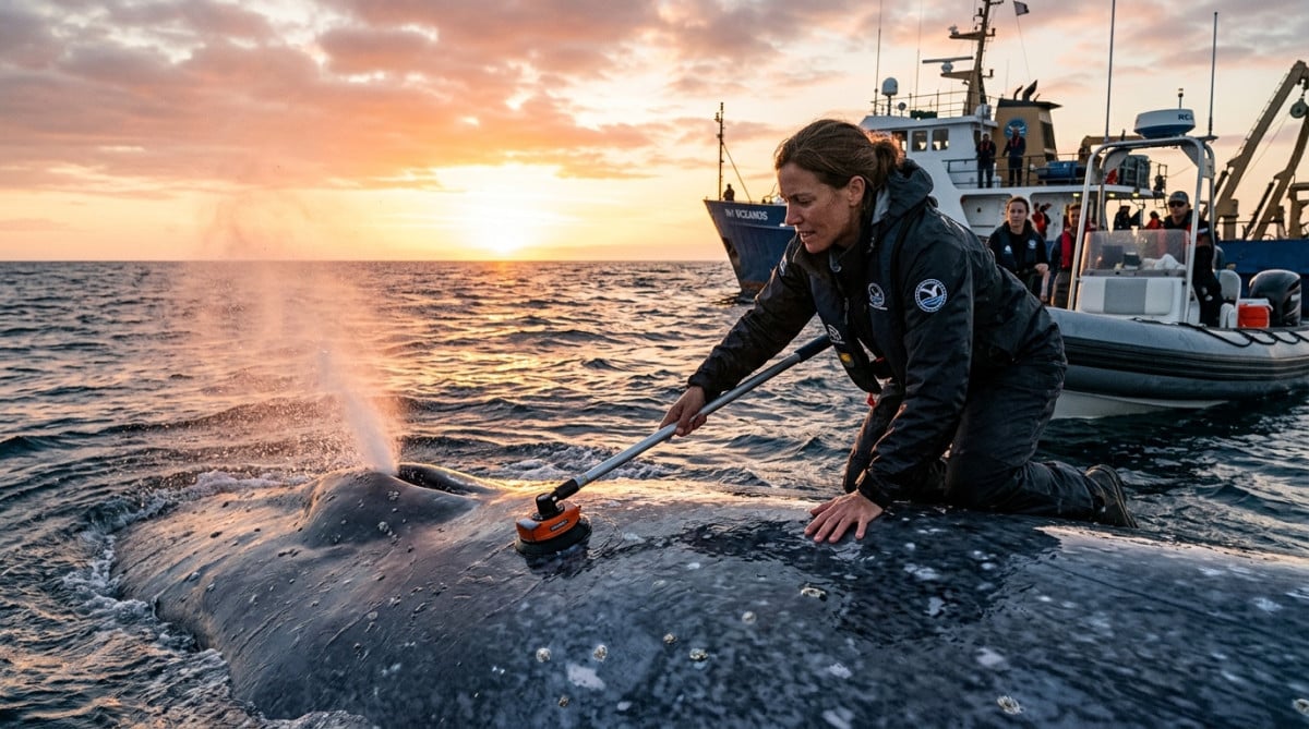 Scientifique posant un capteur cardiaque sur une baleine