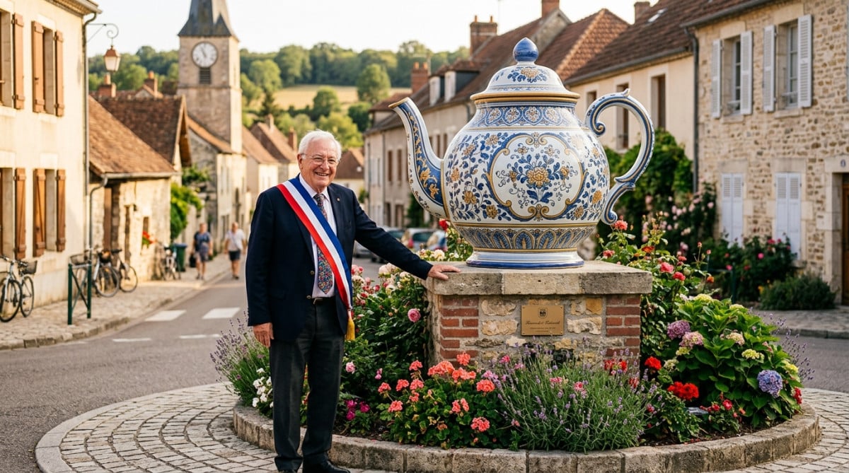 Sculpture géante de théière sur un rond-point de village français